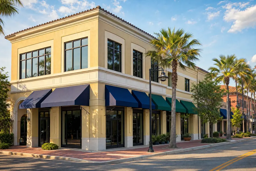 Two-story retail and office building on a downtown Delray Beach street