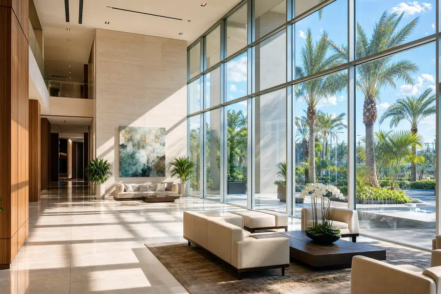 Bright modern office lobby atrium with a glass wall to palms