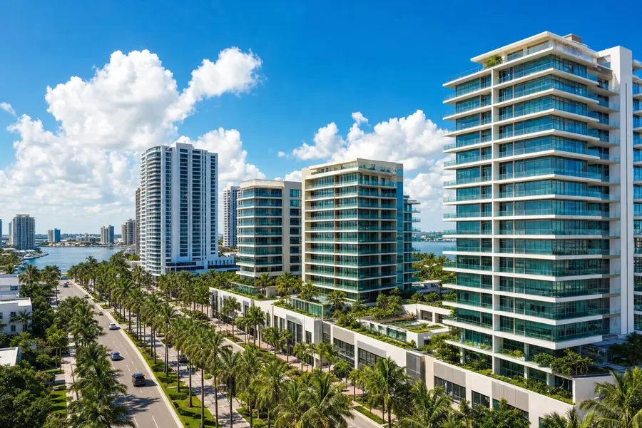 Modern mixed-use towers and a palm-lined boulevard in Aventura, Florida