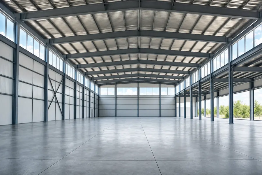 Empty clear-span warehouse interior with daylight
