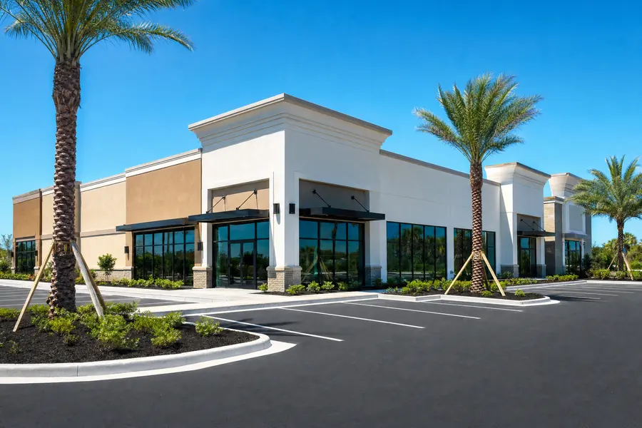 Newly completed low-rise commercial building with fresh landscaping