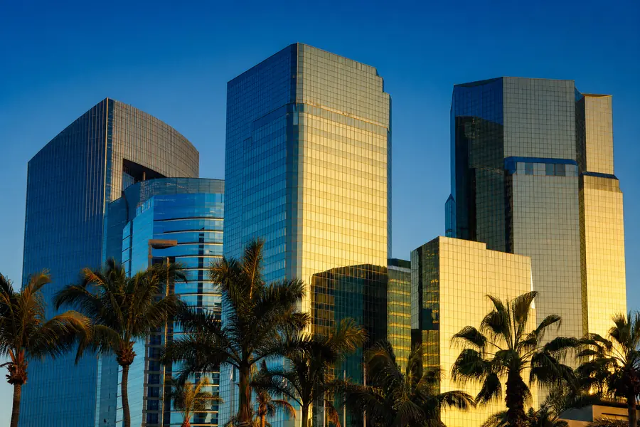 Cluster of Miami glass office towers at golden hour