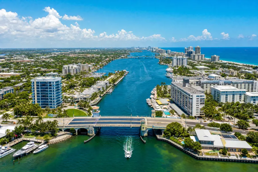 Aerial view of a coastal Palm Beach County commercial district