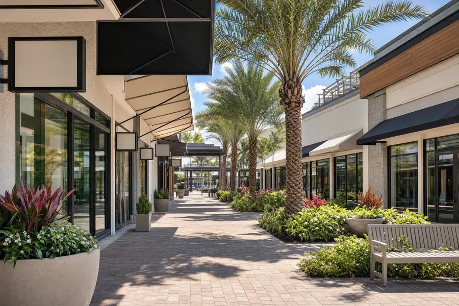 Open-air retail center walkway in South Florida