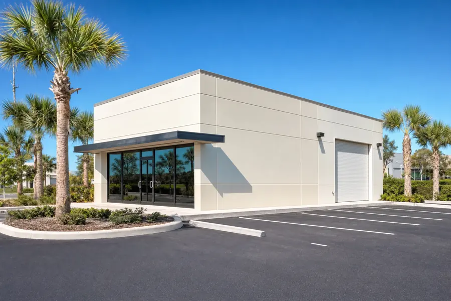 Small free-standing commercial building with storefront and service bay