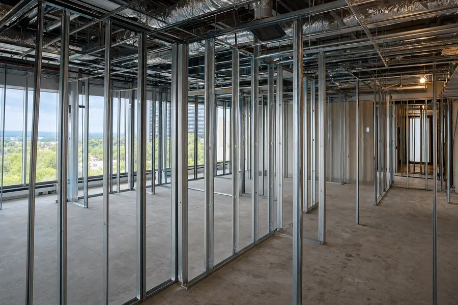Office interior mid-buildout with metal stud framing